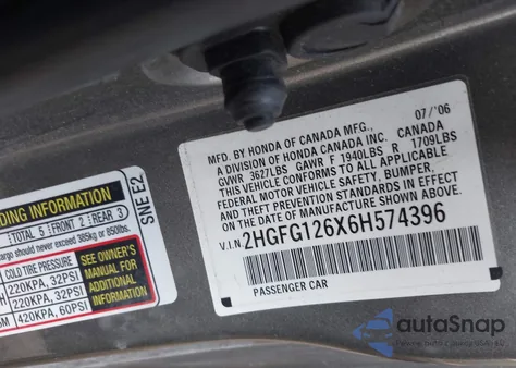 2006 Honda Civic Lx из США, поврежденный, VIN 2HGFG126X6H574396